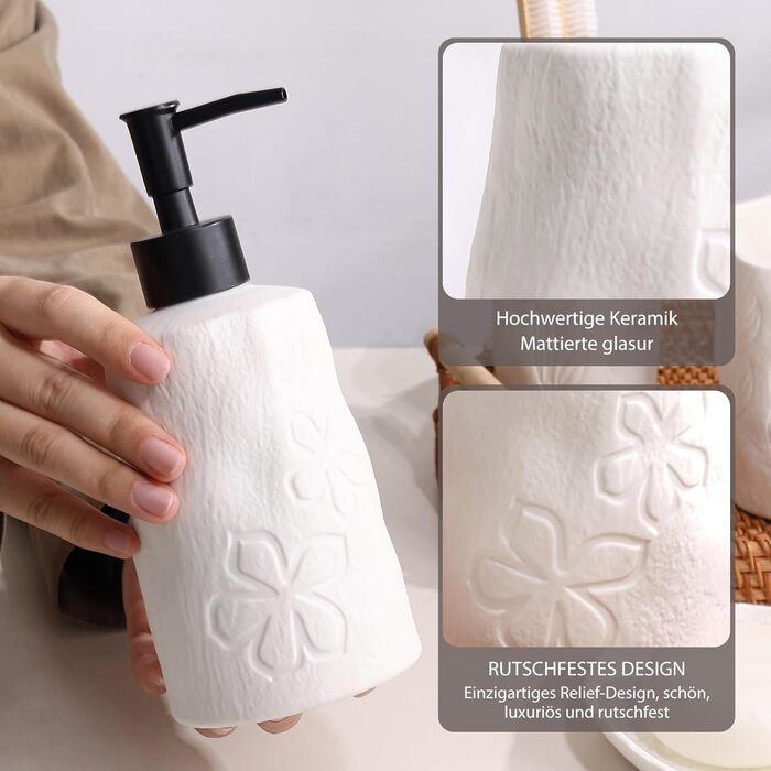 4-Piece Bathroom Accessories Set, Ceramic Bathroom Accessories Set with Soap Dispenser, Soap Dish, Toothbrush Holder, Elegant Matte Bathroom Set with Embossed Details, White