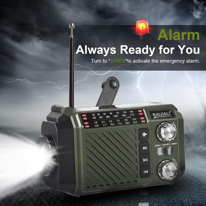 Радіо-крутилка Notfallradio з Powerbank 2600mAh, сонячною та USB-C зарядкою, AM/FM/SW приймач, LED ліхтарик та SOS-сигналом для екстрених наборів (зелене)