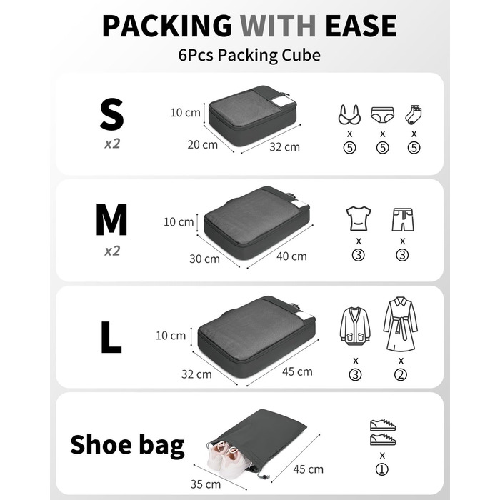 Органайзери для валізи ECOHUB, набір 6 шт. з ID-міткою, екологічні, дихаючі, для подорожей (зелений, темно-сірий)