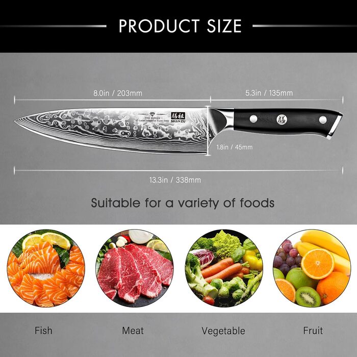 Ніж кухарський SHAN ZU Damast Pro Series, 20 см, 67 шарів дамаської сталі, ручка G10