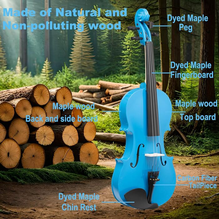 Скрипка Crafteem для початківців, дітей та дорослих, з 5 кольоровими гриф-стрічками, ручної роботи, (4/4, блакитна)