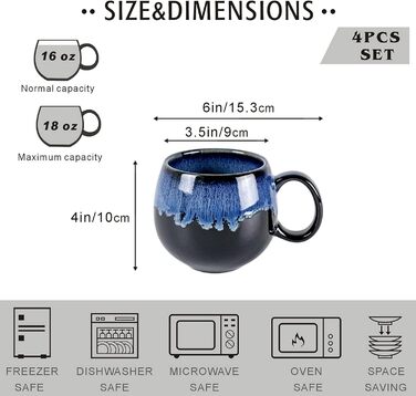 UNICASA Porcelain Coffee Mugs, Set of 4 Cups with Handles, Each 530 ml, Porcelain Cups for Tea, Coffee, Milk, Cappuccino, Blue