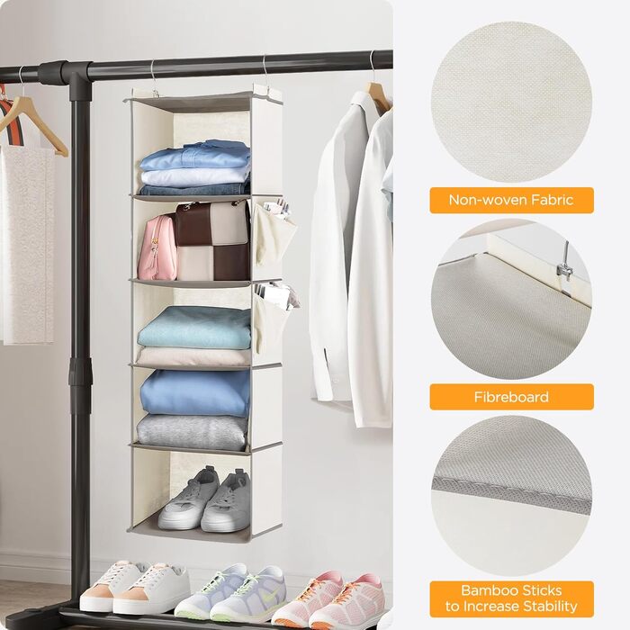 Організатор для шафи Cozary з 5 відділеннями, складаний, з металевими гачками (Бежевий)