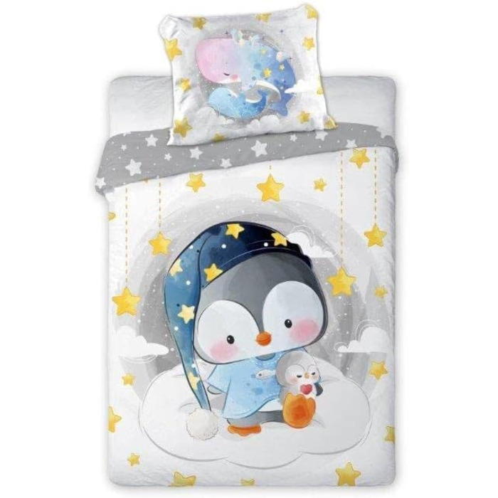 Дитяча постільна білизна CLEAVEN 100x135 см | 100% бавовна, м'яка та дихаюча | Для комфортного сну | Змінний малюнок пінгвіна | CLEAVEN Pinguin 006