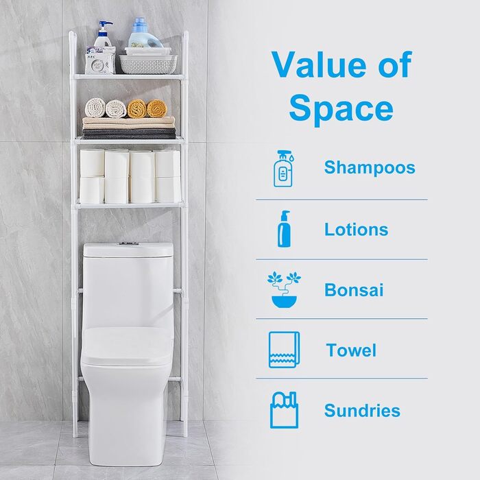 LIUBEI 3-Tier Toilet Shelf, Bathroom Shelf Space-Saving, White Bathroom Organizer Shower Shelf Easy Installation