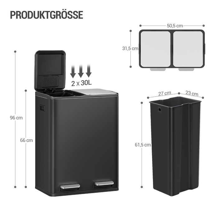 Відро для сміття з сортуванням 60 л, нержавіюча сталь, з педаллю, 2 відділення, SW06099E (Чорний)