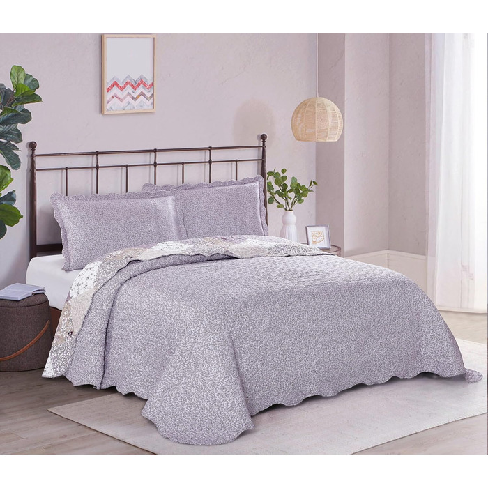 Комплект стеганих ковдр Brilliant Sunshine Grey Heart Love Patchwork (2 шт.) з чохлом для подушки, двостороння покривало, м'яка легка ковдра, всесезонна ковдра для двоспального ліжка (Фіолетовий)