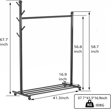 Clothes Rack Garment Rack Portable - Rolling Clothes Rack with Bottom Shelf (Black)