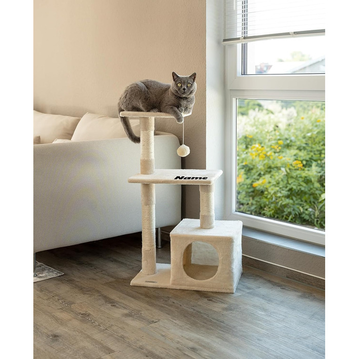 Lionto Scratching Post for Cats with Cave and Plush Ball incl. Bell, Height 85 cm, Cat Tree with Sisal & Plush, Cozy Resting Areas & Cave, Suitable for Small & Large Cats, (Beige (with name tag))