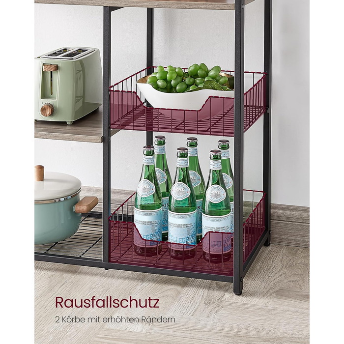 Стелаж кухонний VASAGLE з 2 металевими кошиками, бакалійний стелаж з гачками та полицями, для мікрохвильової печі, 35 x 80 x 93,5 см, золотий дуб + чорний