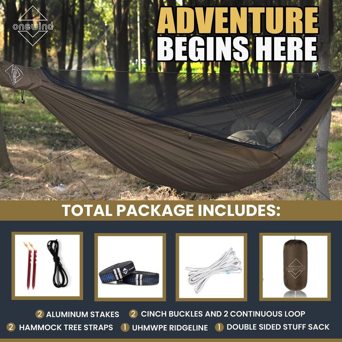 Onewind Premium 11' Camping Zippered Hammock, Single Portable Hammock with Mosquito Net and Tree Straps for Travel, Camping, Backpacking, and Hiking… (Braun, 335cm*162cm)