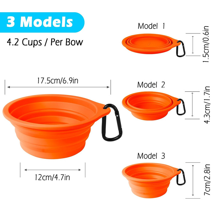 Складані годівниці для собак PetBonus, 2 шт. Силіконові миски для води та корму для собак у подорожах, з карабіном, 1000 мл (Помаранчевий, Жовтий)