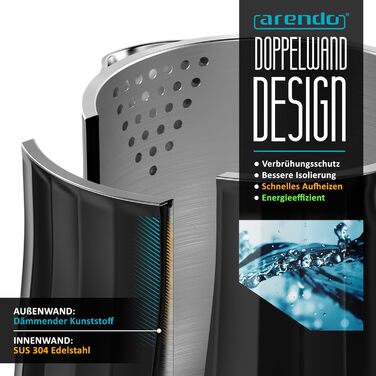 Електричний чайник Arendo з регулюванням температури, нержавіюча сталь, подвійні стінки Cool Touch, дисплей, бездротовий, 2200 Вт, 1,7 л, захист від перегріву, функція підтримання тепла, чорний