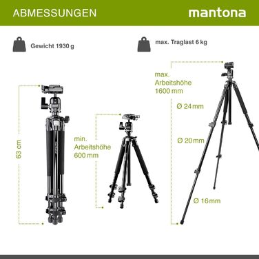 Штатив для камери Mantona Basic Scout Max, висота до 160 см, з кулястою головкою та реверсивним центральним стержнем, компактний легкий фотоштатив для DSLR, подорожей та outdoor-зйомки