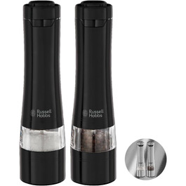 Електричні млини для солі та перцю Russell Hobbs 28010-56, керамічний механізм, чорні, набір 2 шт, для спецій і трав, регульований помел, LED підсвітка