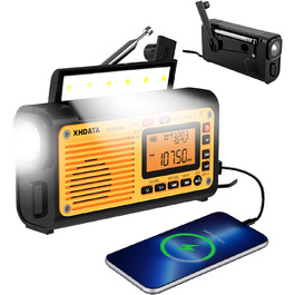 Радіо XHDATA D608WB з ручним генератором та сонячною панеллю, 3000mAh, LED ліхтарик, Bluetooth, FM/MW/SW, SOS-сигнал, для кемпінгу та активного відпочинку