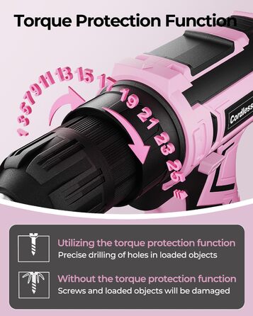 Акумуляторний дриль-шуруповерт 21V з 2 акумуляторами 2000mAh, 45Nm, 2 швидкості, 25+3 ступені крутного моменту, патрон 10мм, 27 предметний набір та кейс для дому та DIY (рожевий)