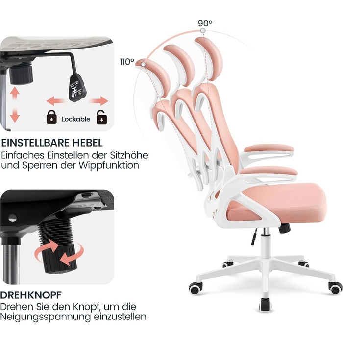 Крісло офісне Yaheetech ергономічне, з підйомними підлокітниками, регульованою підголівником, функцією гойдання, до 136 кг, білий/рожевий