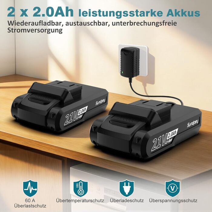 Акумуляторний шуруповерт Sundpey Set з 2 акумуляторами 2.0Ah, 21V, 1500 об/хв, 45Nm, 18+1 режим, LED-підсвічування, для ремонту та DIY