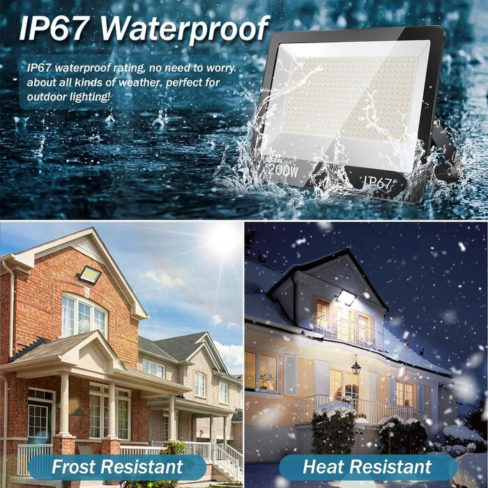 YIQIBRO LED Flood Light Outdoor, IP67 Waterproof Floodlight, 10000LM 6500K Cold White Super Bright LED Spotlight Outdoor Floodlight for Warehouse, Garden, Garage, Yard, Parking Lot (200W)