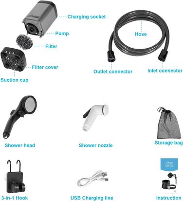 WADEO Portable Camping Shower Battery with Pump, Camping Shower with Rechargeable 6000/8000mAh Battery, Mobile Showers Outdoor Showers with Showerhead and Hose, for Camping, Travel, Garden, and Car Washing