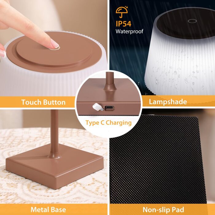 Світлодіодна настільна лампа Aigostar акумуляторна бездротова, з димером та 3 режимами кольору, водонепроникна IP54 для дому та саду (темно-коричнева)