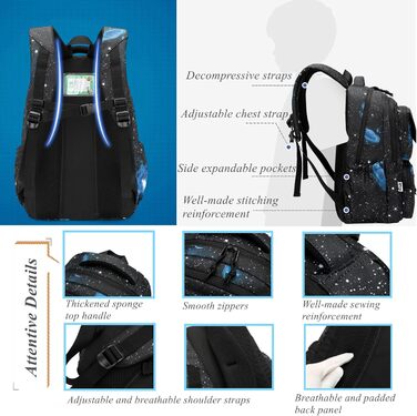 Шкільний рюкзак Galaxy Print для хлопчиків (M, A3, чорний)