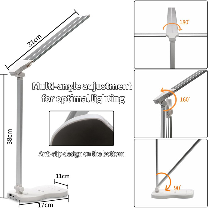 LED лампа настільна LQWELL® QM019 з диммуванням, USB-зарядкою, сенсорним керуванням та пам'яттю для дітей та офісу. 5 кольорів, 10 рівнів яскравості, металевий корпус, для захисту очей.