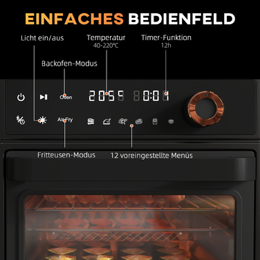 HOMCOM Convection Mini Oven 40-220 °C 13L Mini Oven with Baking Tray, Grill Rack, Crumb Tray, Hot Air Fryer, 12 Programs for Versatile Cooking