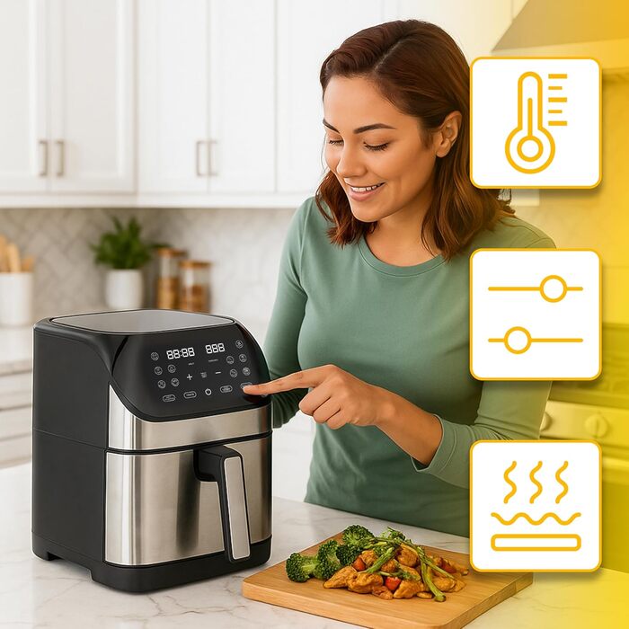 Аерофритюрниця Retoo 6.5л 1800Вт, 10 програм, до 200°C, з цифровим керуванням, нержавіюча сталь (чорний/срібний)