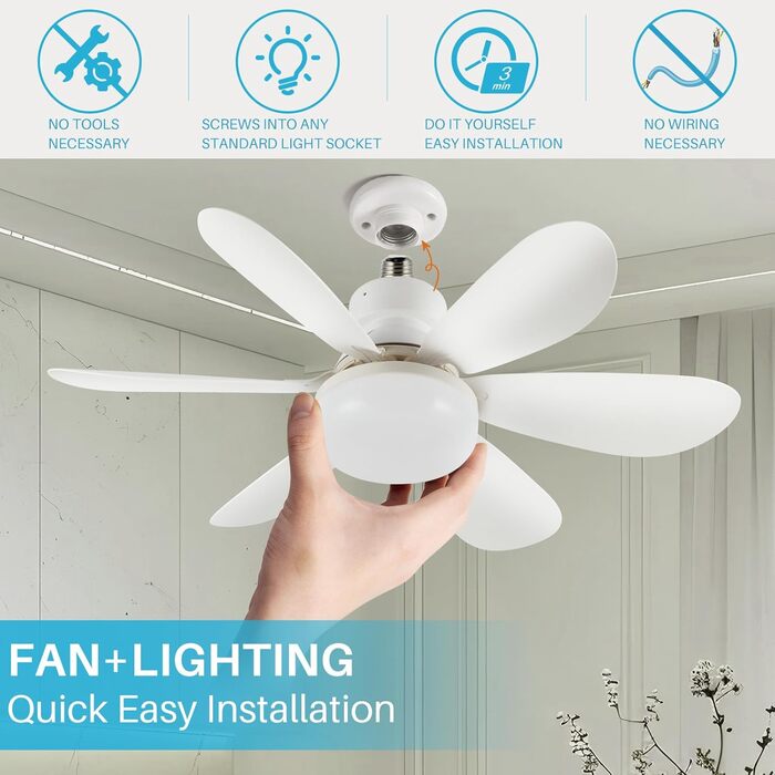 OKYUK Стеля-вентилятор з підсвічуванням, тихий, з пультом керування, регулювання кольору, E26/E27, 48 см, білий