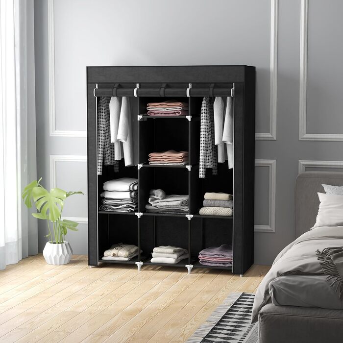 HOMCOM Wardrobe Fabric Closet with Drawers, Hanging Rail and Zipper, Fabric Clothes Closet Folding Wardrobe for Bedroom, Dressing Room, 102 x 42.5 x 162.5 cm, (Black, 125L x 43W x 162.5H cm)