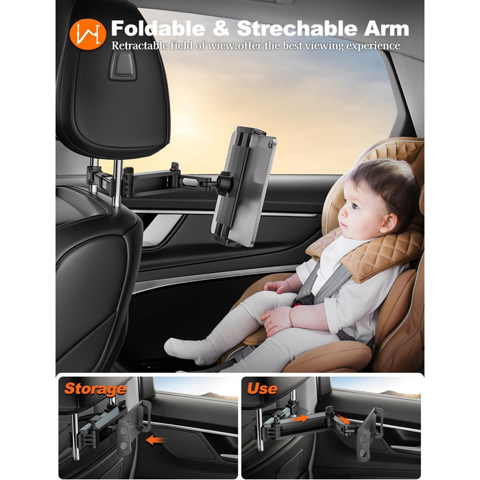 Тримач для планшета в авто TRYONE - кріплення на підголівник, висувний, для iPad, iPhone, Samsung Galaxy Tab, Kindle Fire HD, Switch (4.7-11 дюймів)