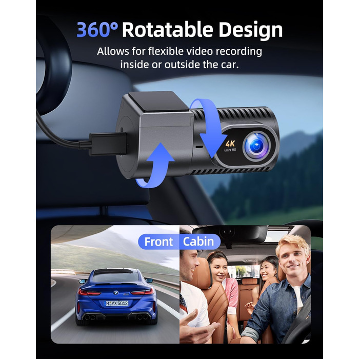 Відеореєстратор для авто 4K C200: 360° поворотний, 64GB карта, WiFi, нічна зйомка, паркування, G-сенсор, IPS дисплей