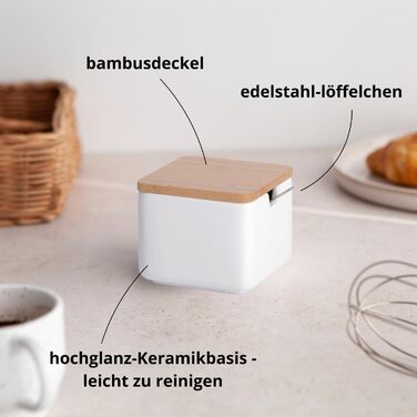 Керамічна цукерниця з ложкою та кришкою з бамбука - цукерниця для дому та кухні, сучасна куляста форма, для цукру, сиру, спецій, 10 x 10 x 9 см (білий круглий) (білий квадрат)
