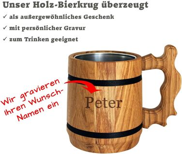Personalized Beer Gift - Wooden Beer Stein with Stainless Steel Mug 0.5 L - Engraving with Name - for Men, Father, Beer Drinker - Popular Alternative to Beer Glass, Mug, Tankard