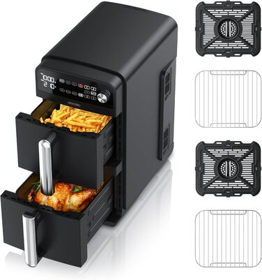 Фритюрниця Arendo з гарячим повітрям XXL Dual Zone, 11 літрів, 2400 Вт, 2 зони, 3в1, 8 сенсорів, без PFAS BPA, 2 решітки, 3D циркуляція повітря, подвійний рівень, тип 1