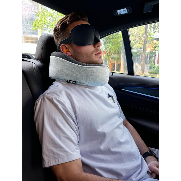 Подушка для шиї, подорожі: Memory Foam, для авто, поїздів, літаків. Комплект з маскою для очей та навушниками (світло-сіра)