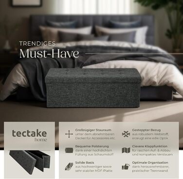 Складаний пуф-сидіння з місцем для зберігання tectake, темно-сірий, 110x38x38 см, банкетка-скриня для передпокою, кімнати, декор, комод для зберігання, взуттєва лавка