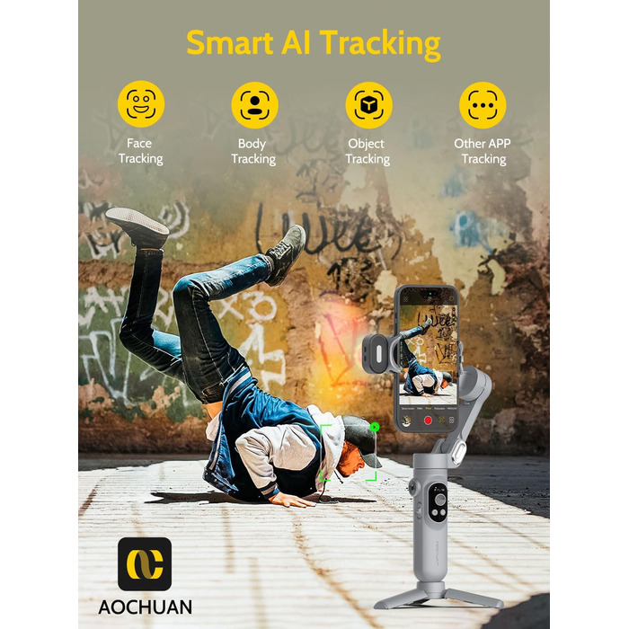 Стабілізатор для смартфона AOCHUAN з 3 осями, для iPhone 16/15 Pro та Android, з розпізнаванням обличчя, 1/4