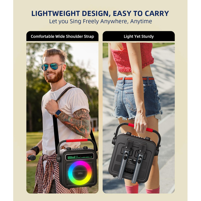 Караоке машина для дорослих та дітей – портативна система з 2 мікрофонами, Bluetooth, TF, USB, AUX, TWS, динамік, чорна