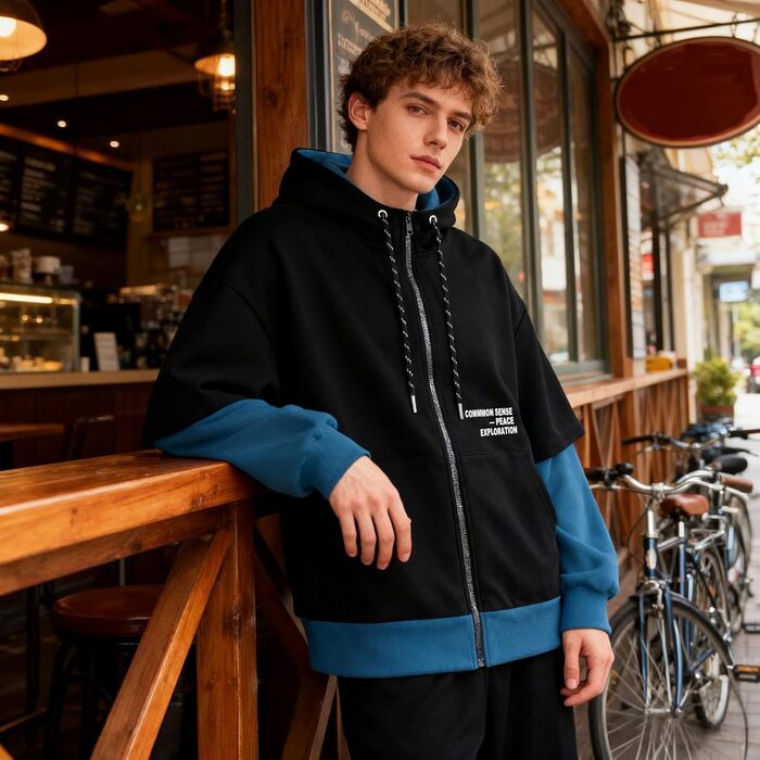 Чоловіча толстовка з капюшоном RUIZEHONG з блискавкою, спортивна куртка, кольорові блоки, повсякденний стиль, з кишенями, біло-чорна (чорно-синя, S)