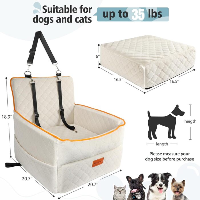 Крісло для собак у машину, для маленьких та середніх порід, з кишенями для зберігання, поводок, посилене, для заднього/переднього сидіння (біле)