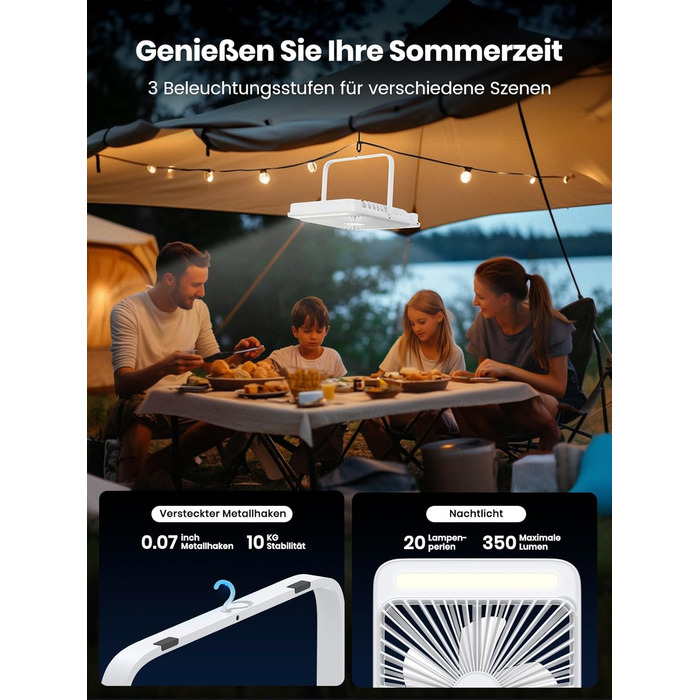 Вентилятор для кемпінгу Warmco 20000mAh з лампою та дисплеєм, 15-48 годин роботи, тихий, ультратонкий, з гачком, USB, для намету, відпочинку, офісу, автодому, спальні