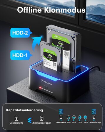 Док-станція для жорстких дисків POSUGEAR RGB USB 3.0 з підтримкою 2.5/3.5 SATA HDD/SSD, 2 відсіки, Offline Clone, UASP