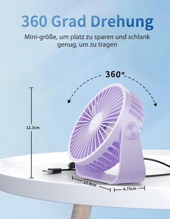 USB-настільний вентилятор TriPole: 3 швидкості, регульований, сильний потік повітря, 360° оберт, кабель 1,5 м, портативний міні-вентилятор (фіолетовий)