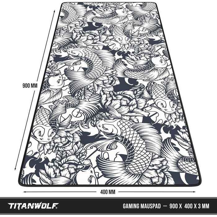 Ігровий килимок для миші TITANWOLF XXL Speed Gaming Mousepad, 900x400мм, чорний, дизайн Koi — великий килимок на весь стіл для підвищення точності та швидкості