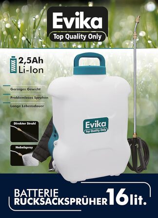 Акумуляторний обприскувач EVIKA 16 л для саду, виноградників і газону, ранцевий, з телескопічною штангою 110 см, електричний садовий розпилювач для гербіцидів і добрив