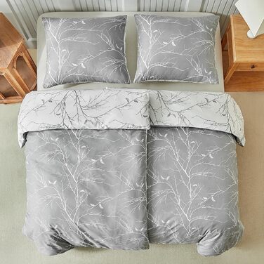 Постільна ковдра Lekesky 135x200 4-х частинна - 2 наволочки 135x200 см + 2 наволочки 80x80 см, квітковий принт, сірий поліестер мікрофібра з блискавкою, гілки сірий/білий