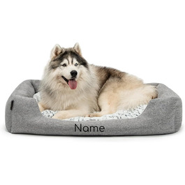Lionto Dog Basket with Fluffy Reversible Cushion, Cozy Pet Bed in Melange Design with Deep Entry for Dogs & Cats of All Sizes, 80x60 cm, Soft Dog Bed, (Grey, L 110 x W 80 x H 28 cm (with name tag))